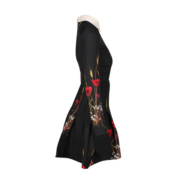 Valentino Garavani Collared Long Sleeve Mini Dress in Floral Print Black Wool
