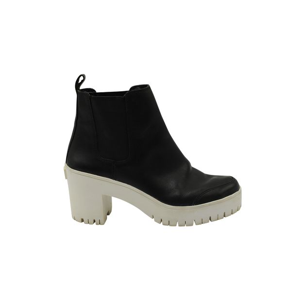 Contemporary Designer Black Leather Boots With White Platform Heel