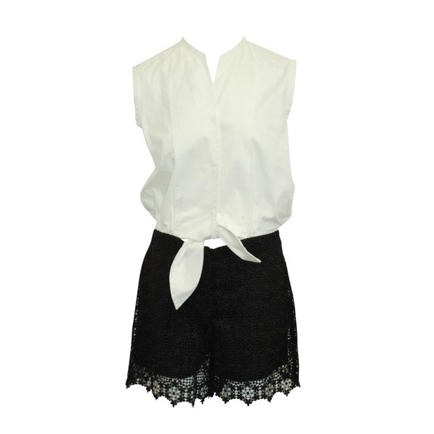 Sandro White Short Sleeved Romper With Black Lace Shorts