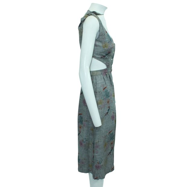 REFORMATION Linen Printed Long Dress with Buttons