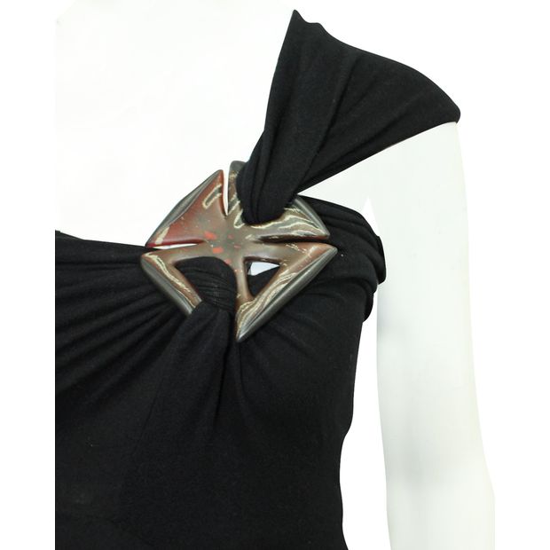 DONNA KARAN Black Maxi Dress with Wooden Element