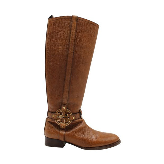 Tory Burch Amanda Riding Boots in Brown Grained Leather