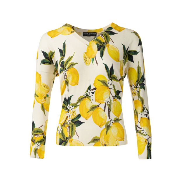 Dolce & Gabbana Cream Lemon Print Cashmere And Silk V Neck Sweater