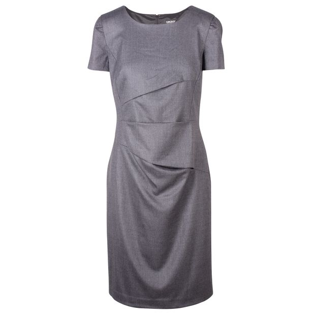 DONNA KARAN Grey Wool Pleated Round Neck Sleeved Dress