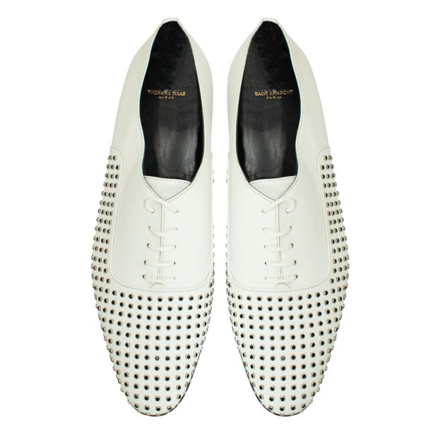 Saint Laurent White Lace-Up Shoes With Black Crystal Embellishments