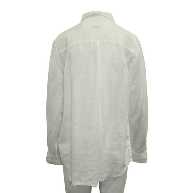 CONTEMPORARY DESIGNER White Linen Long Sleeve Shirt with Pockets