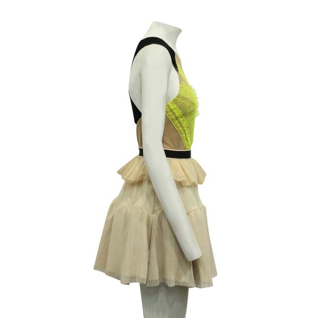 Contemporary Designer Cream Tiered Dress With Neon Lace