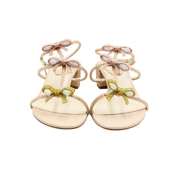 Rene Caovilla Champagne Glitter Sandals With Bows