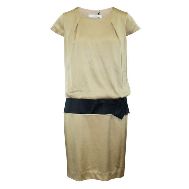 CONTEMPORARY DESIGNER Gold Dress with Navy Line on the Waist