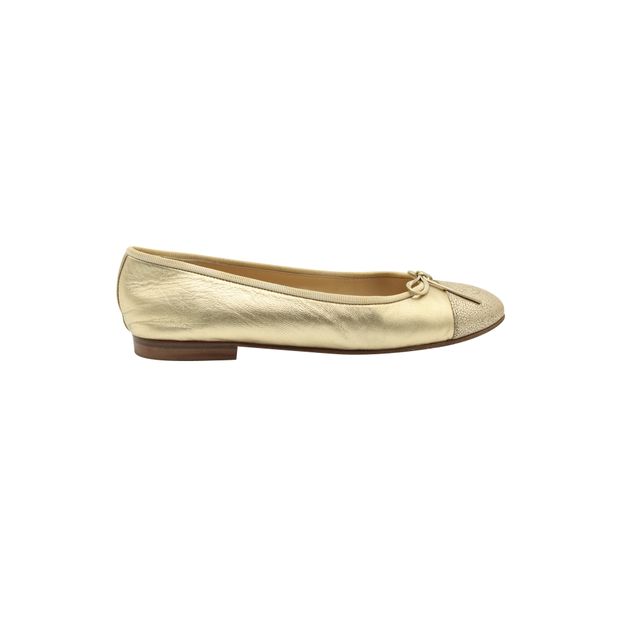 Gold Stingray Embossed Leather Cap Toe Ballet Flats