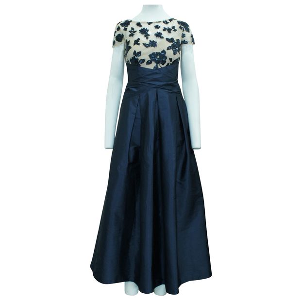 CONTEMPORARY DESIGNER Navy Blue Double Lining Gown With Flowers