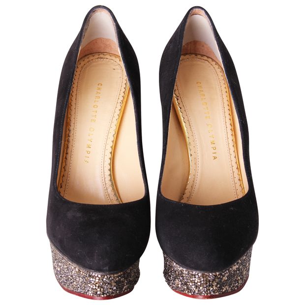 CHARLOTTE OLYMPIA Black Suede Sequins Pumps