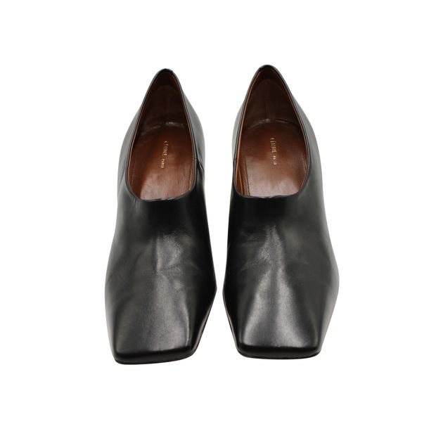 Celine Square-Toe Block Heel Shoes in Black Leather