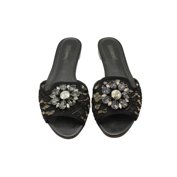 Dolce & Gabbana Black Lace Flat Mules With Flower Crystals
