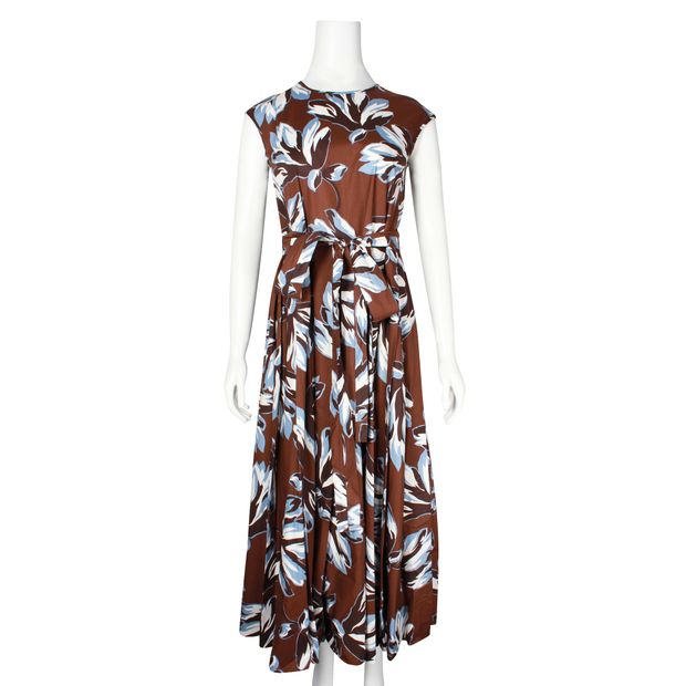 Brown & Blue Floral Pleated Maxi Dress