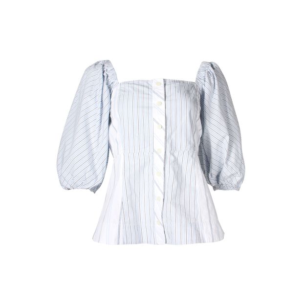 Ganni Blue And White Stripe Top With Puff Sleeves
