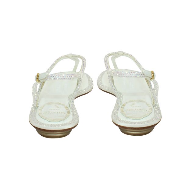 Rene Caovilla White Flat Thong Sandals With Rhinestones