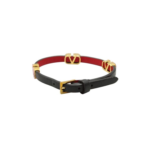 Valentino Garavani Crystal-Embellished VLogo Buckled Bracelet in Black Calfskin Leather