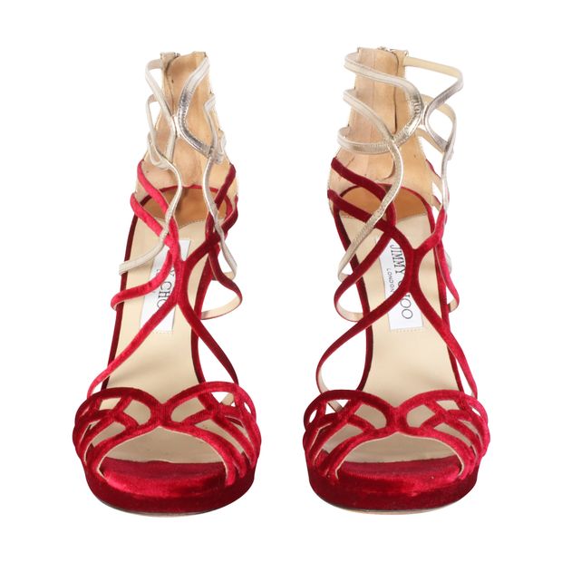 JIMMY CHOO Bunting Red and Silver Caged Heels