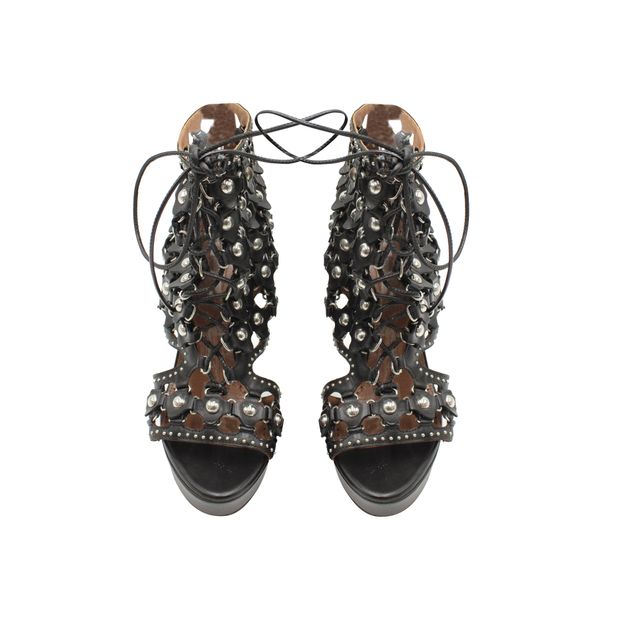 Black Studded Leather Lace Up Open Toe