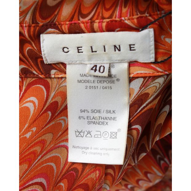 CELINE Orange/Pink Print Silk Strapless Shirt