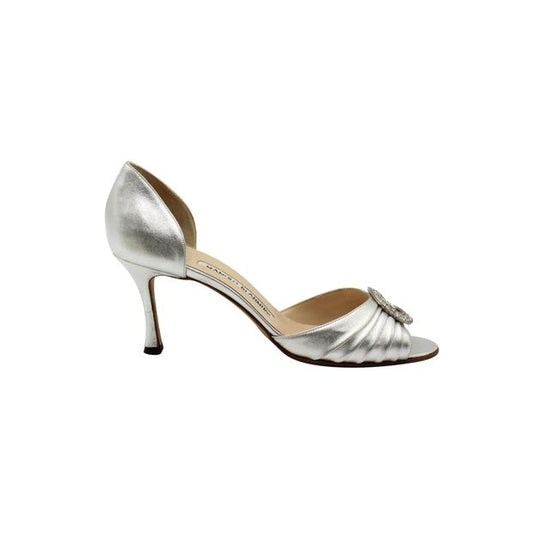 Manolo Blahnik Silver Heels With Crystal Embellishments