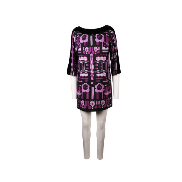 ANNA SUI Dolly Girl Black & Purple Printed Dress with Velvet Boat Neck
