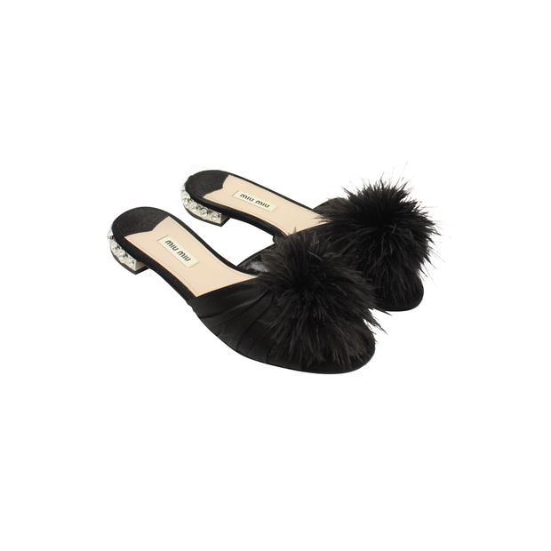 Black Satin with Ostrich Feather Crystal Sandals