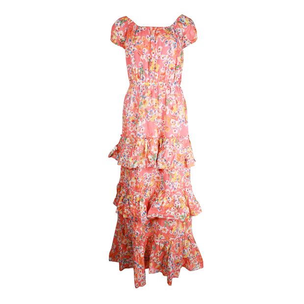 Contemporary Designer Eywasouls Coral Floral Cotton Tiered Maxi Dress