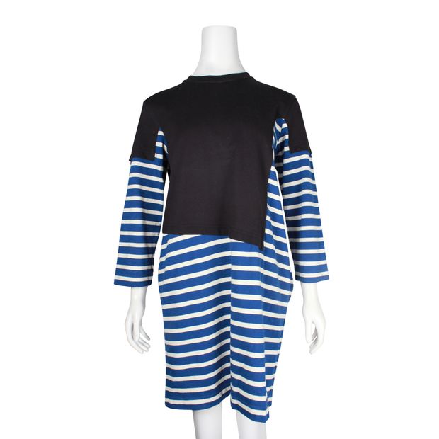 Contemporary Designer Black Blue And White Striped Cotton Dress