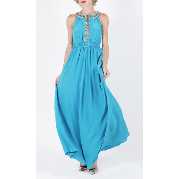 CONTEMPORARY DESIGNER Turquoise Long Sleeves Dress with Embellishment
