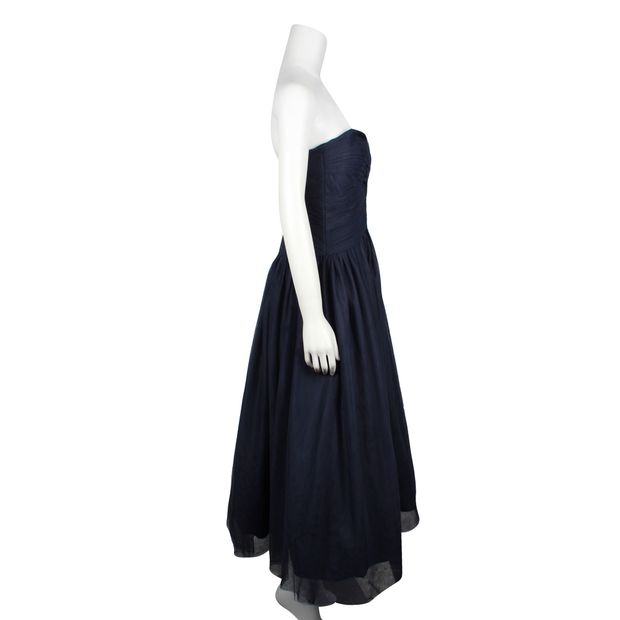 Monique Lhuillier Navy Blue Strapless Tulle Long Dress