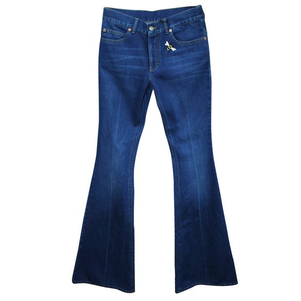 Gucci Flare Dark Blue Jeans With Embroidery