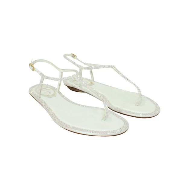 Rene Caovilla White Flat Thong Sandals With Rhinestones