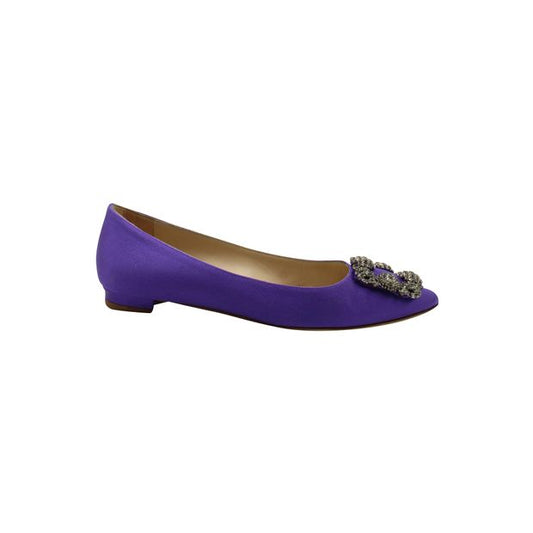 Manolo Blahnik Satin Purple Pointed Toe Flats - Silver Embellishments