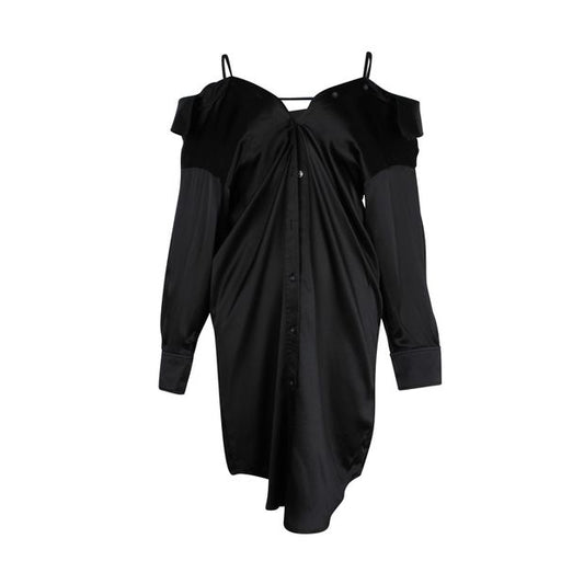Alexander Wang Off Shoulder Shirt Dress in Black Silk