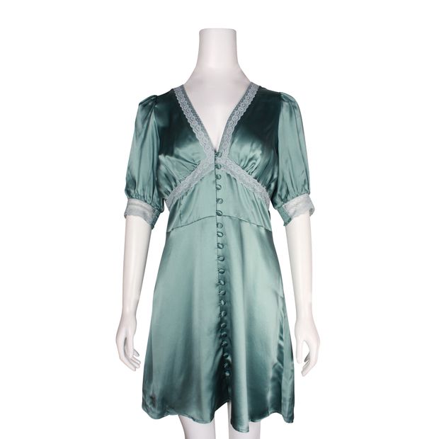 Reformation Green Satin Viscose Mini Dress With Buttons