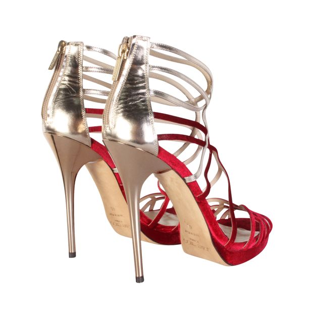 JIMMY CHOO Bunting Red and Silver Caged Heels