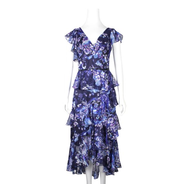 Marchesa Notte Blue Floral Tiered Maxi Dress