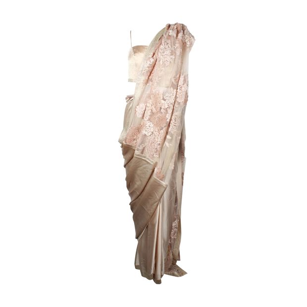 Contemporary Designer Gold Silk Sari With Floral Embroidery