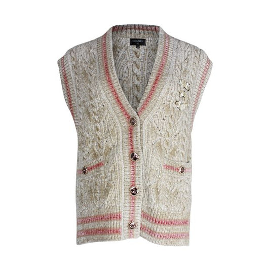Chanel Button-Front Knitted Vest in Beige Viscose