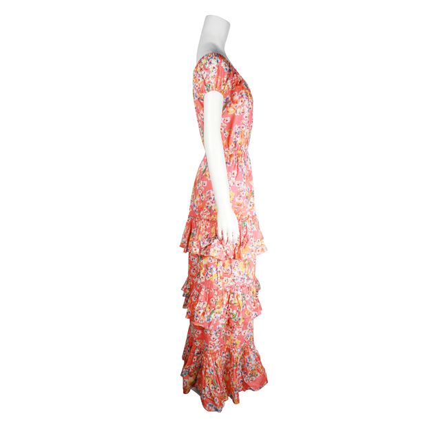Contemporary Designer Eywasouls Coral Floral Cotton Tiered Maxi Dress
