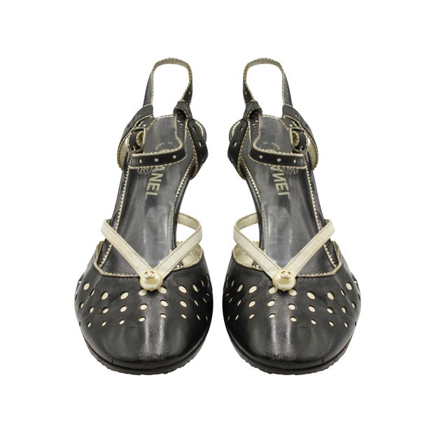 Chanel Black Laser Cut Heels With Faux Pearls