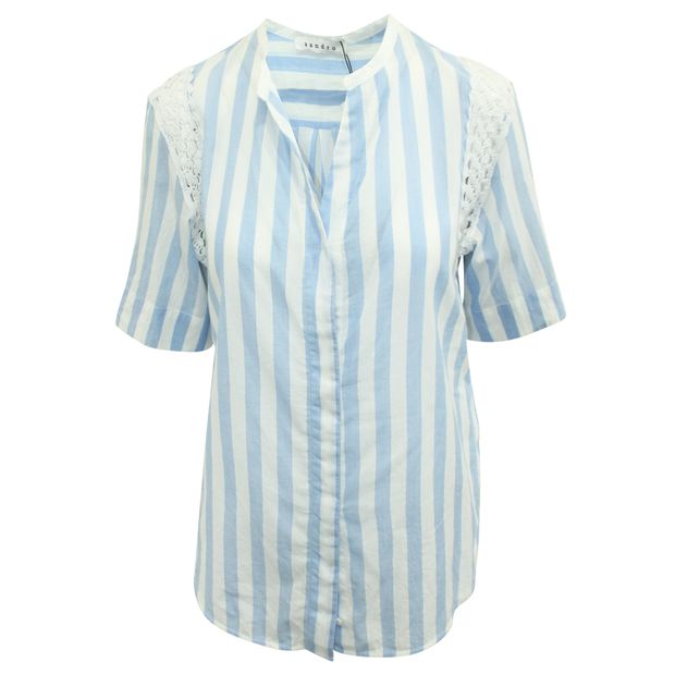 SANDRO Blue Striped Top with Lace Trimmings