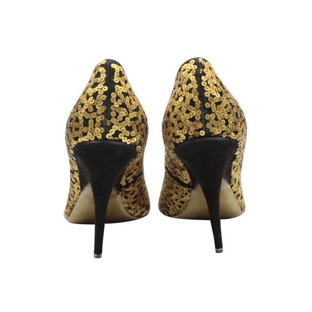 Donna Karan Black Peep-Toe Heels With Golden Sequins