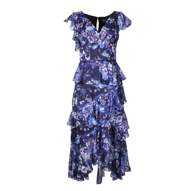 Marchesa Notte Blue Floral Tiered Maxi Dress