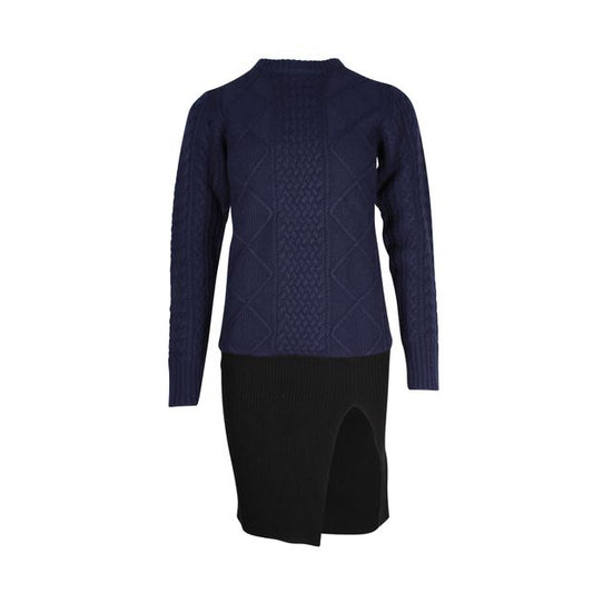 Sacai Textured Knit Side Slit Mini Dress in Navy Blue and Black Wool