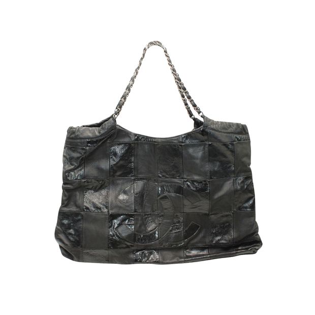 Chanel Black Leather Patchwork Tote With Silver Tone Chain 2013-2014