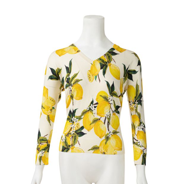 Dolce & Gabbana Cream Lemon Print Cashmere And Silk V Neck Sweater