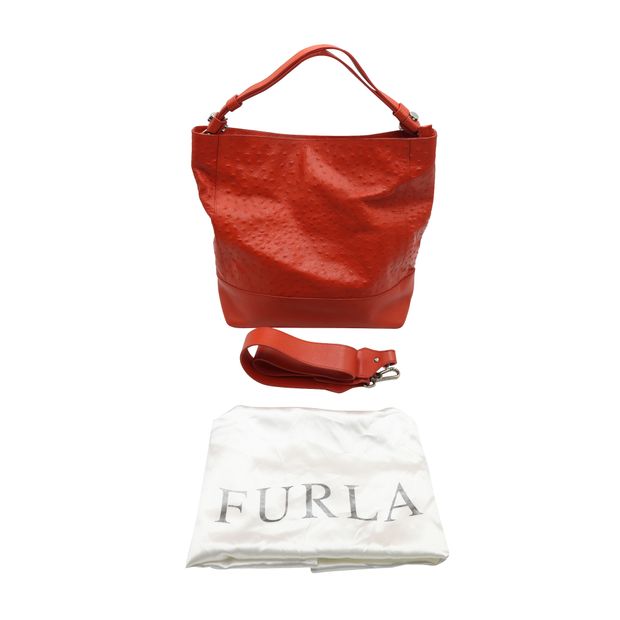 Furla Orange Ostrich & Leather Shoulder Bag - Detachable Crossbody Strap